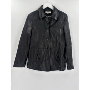 Casual Corner Vintage Leather Jacket Womens Medium Black Button Front Pocket 90s